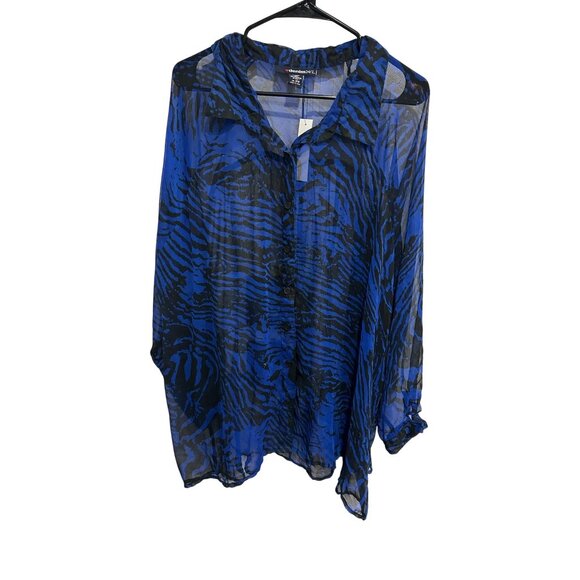 Denim 24/7 Zebra Striped Sheer Button Front Tunic Shirt Blue Black Sz 26W NWT - Picture 1 of 9